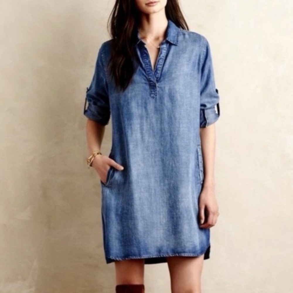 Anthroplogie Cloth & Stone Tencel Chambray Blue Long Sleeve Dress with Pockets